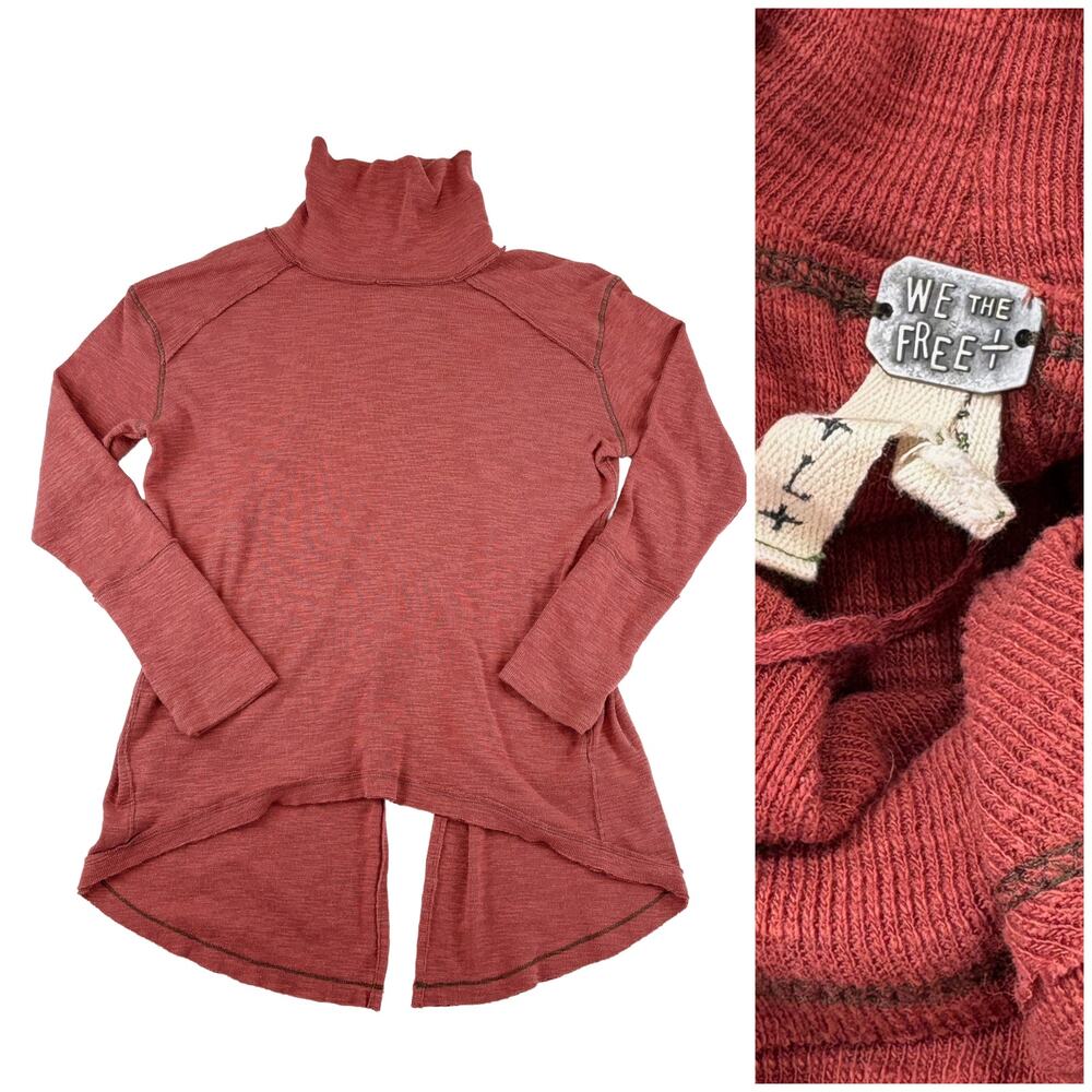 Free People We The Free Tunic Top L Rust Red Cowl Neck Thermal Boho Split Back